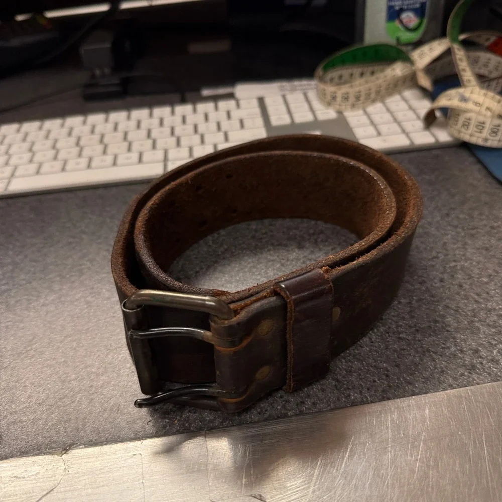 Shag Leather Belt Mens 30 Brown Good Double Prong Distressed Wide Heavy Duty
